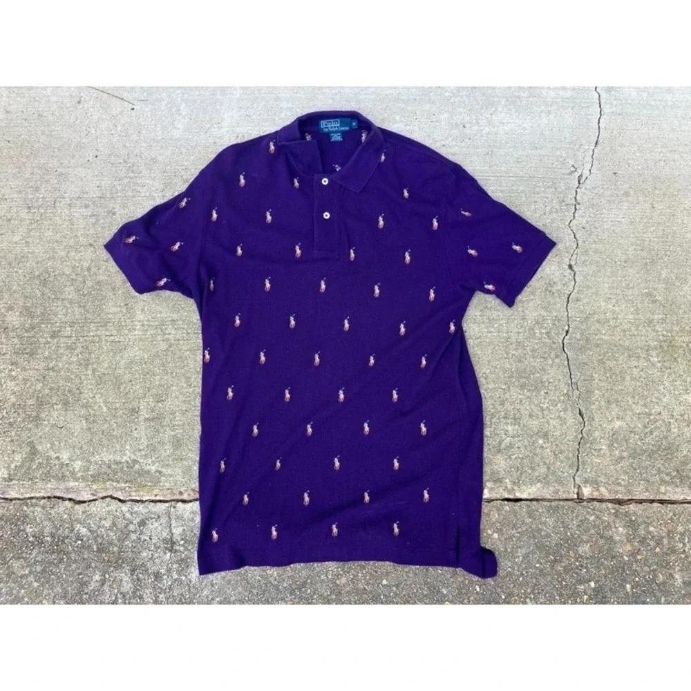 Polo Ralph Lauren Polo Shirt Mens Medium Purple All Over Pony Embroidered Pique